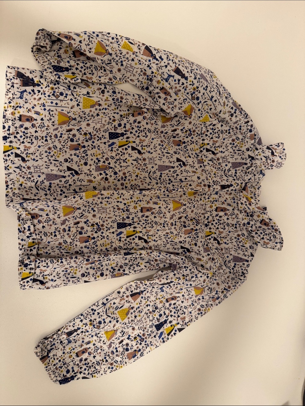 Kids White Patterned Long-Sleeve Blouse with Yellow & Blue Accents